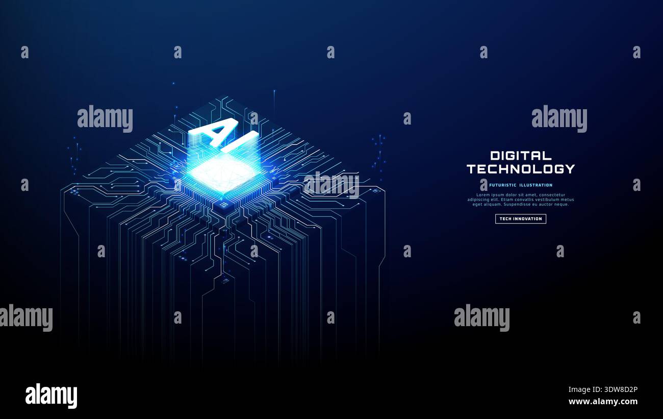 Digital AI chip with neon light trails on electronic board Stock Vector