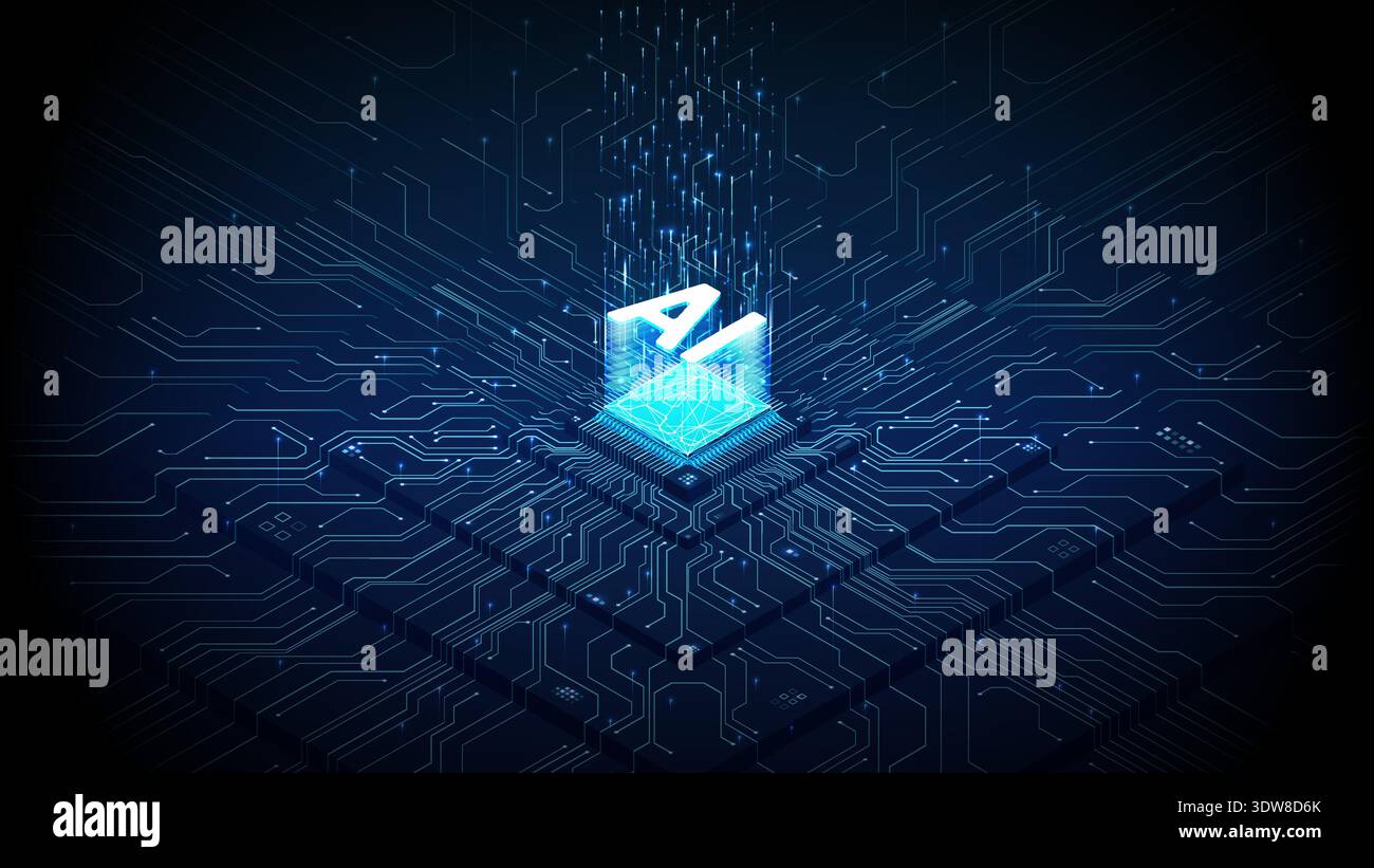 Isometric 3D AI processor concept, semiconductor technology background Stock Vector