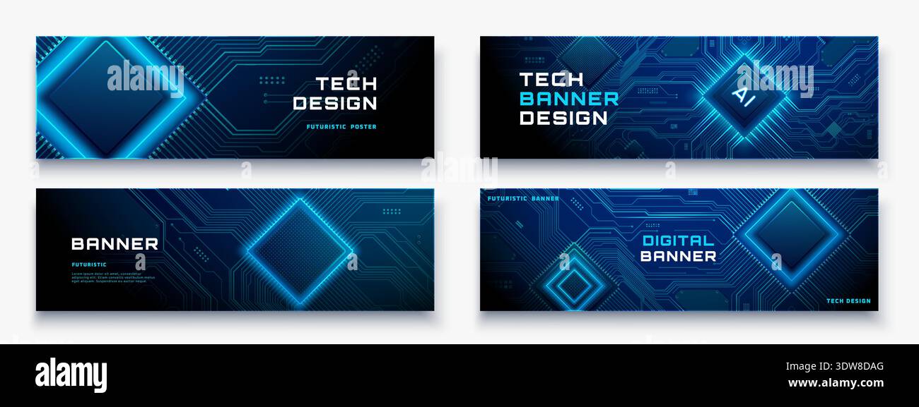 Modern tech banner set with circuit patterns and AI elements. Stock Vector