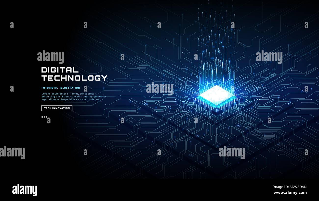 Luminous processor with glowing connections on futuristic tech bg Stock Vector
