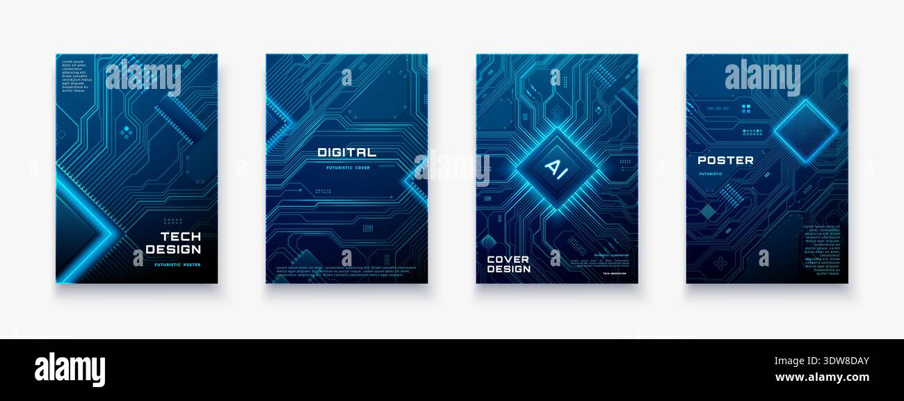 Technology posters showcase digital circuit boards semiconductor chips Stock Vector