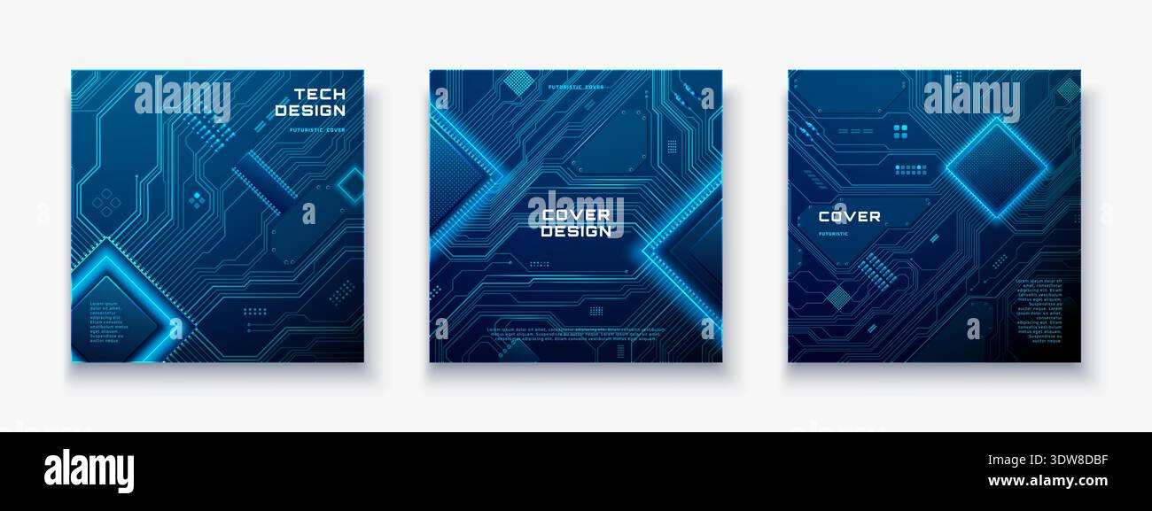 Tech background set with glowing circuit patterns, blue digital waves Stock Vector
