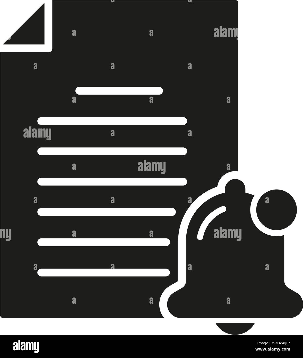 Document With Notification Bell Solid Icon. Document Alert, Reminder, And Information Update Silhouette Symbol. Notification And Communication Stock Vector