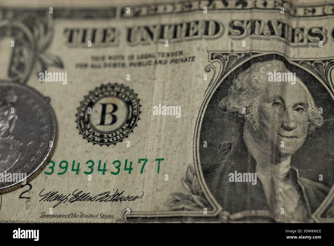 macro extreme close-up of a textured one dollar bill with george ...
