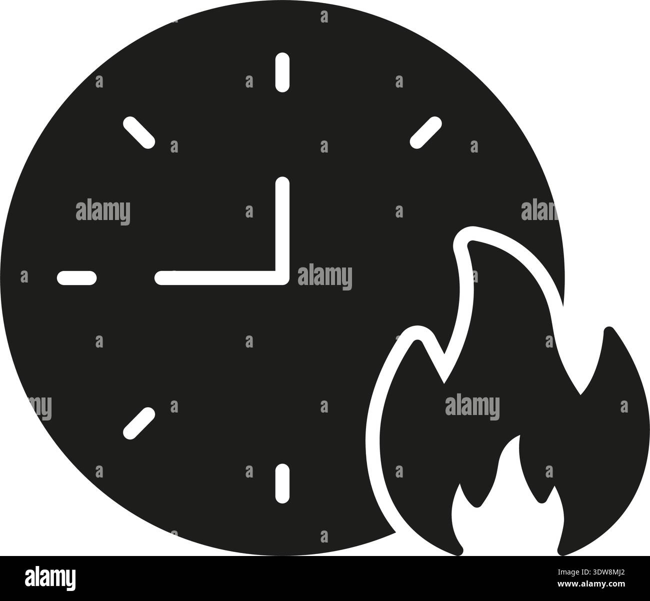 Clock With Fire Solid Icon. Time Management, Urgency, And Deadline Pressure Silhouette Symbol. Quick Task Completion And Efficiency. Isolated Vector Stock Vector