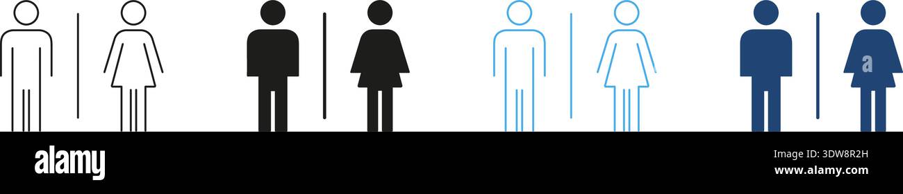 Male And Female Restroom Symbols Line And Solid Icon Set. Gender-Specific Bathroom Signage Outline And Silhouette Symbol Collection. Public Facility Stock Vector