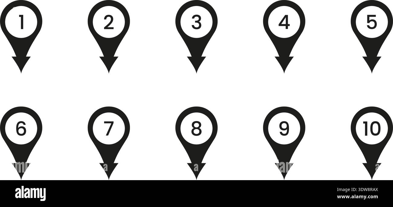 Black Numbered Location Pin Solid Icon Set. Sequential Map Marker Silhouette Symbol Collection. Navigation, Geolocation, And Wayfinding Design Stock Vector