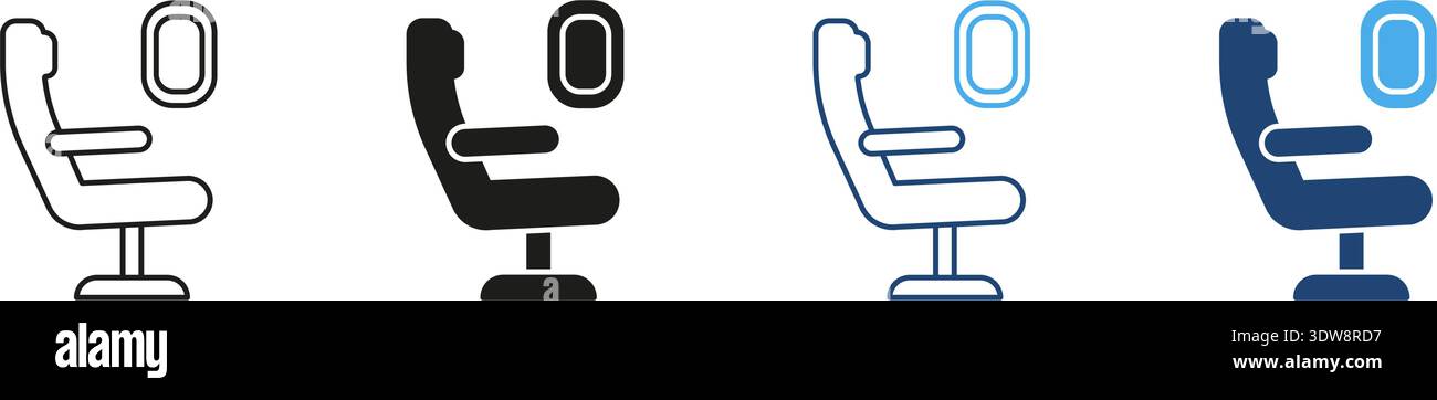 Airplane Seat With Window Icon Set. In-Flight Comfort And Travel Experience Outline And Silhouette Symbol Collection. Aviation And Passenger Seating Stock Vector