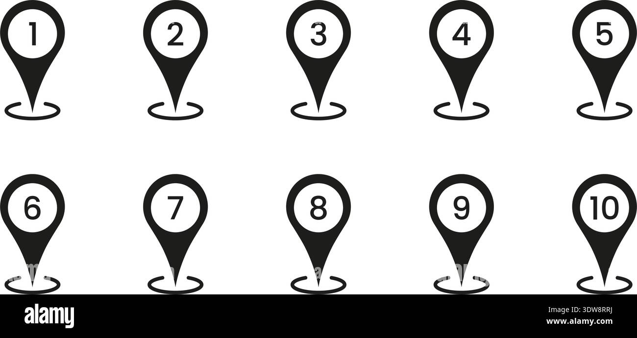 Black Numbered Location Pin Solid Icon Set. Sequential Map Marker Silhouette Symbol Collection. Navigation, Geolocation, And Wayfinding Design Stock Vector
