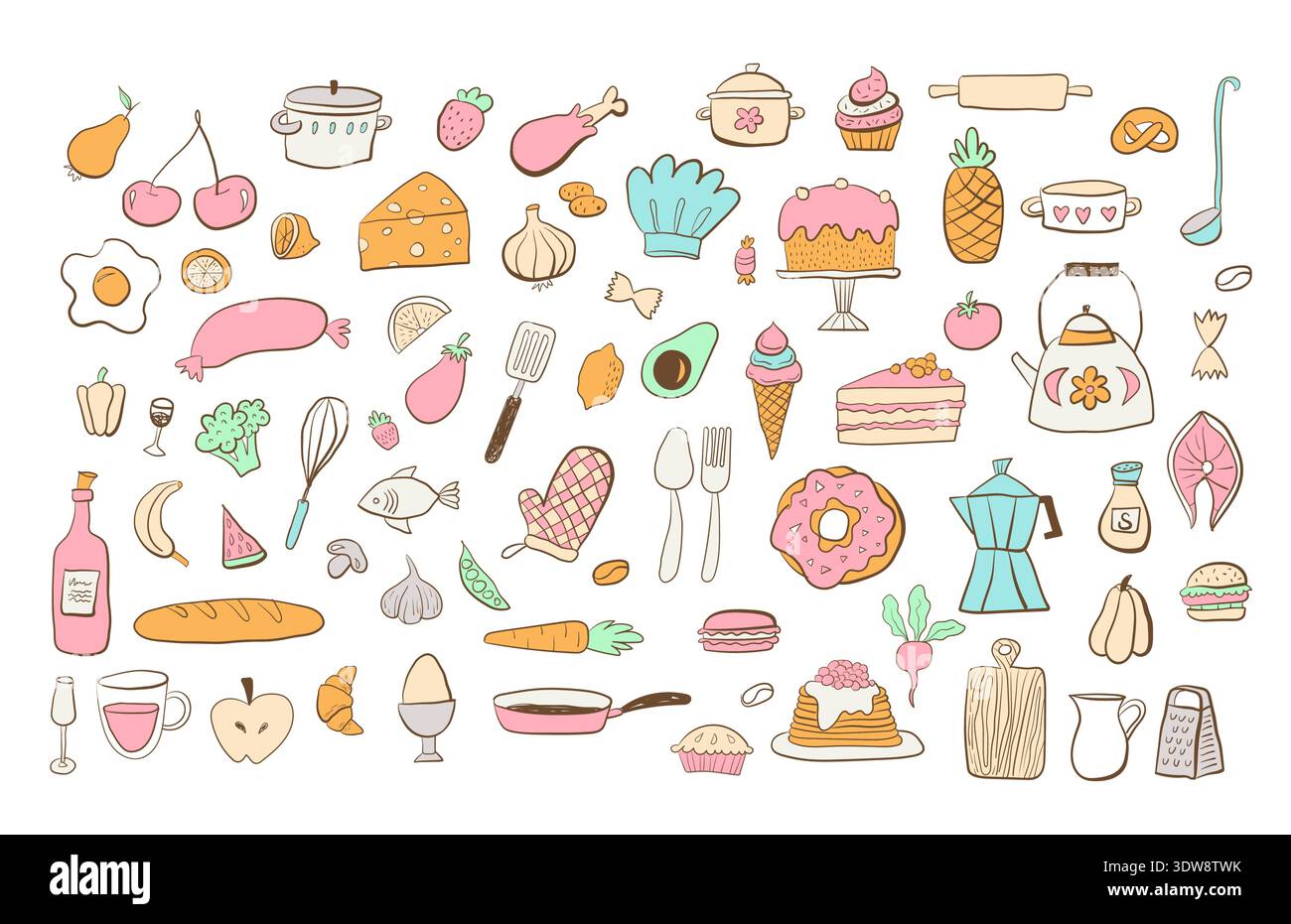 Healthy food set. Vegetables, fruits, desserts, mushrooms and fish collection. Natural organic nutrition. Fresh vitamin grocery products. Colored flat vector illustration isolated on white background Stock Vector