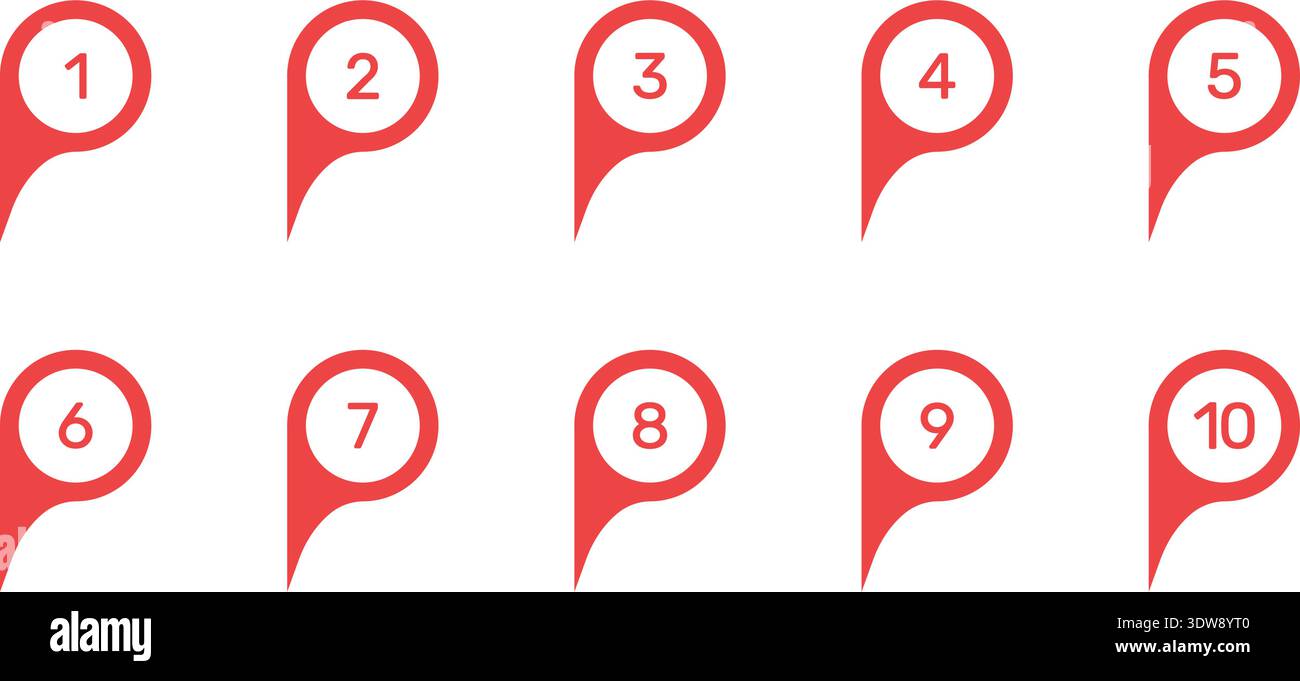 Numbered Location Pin Solid Icon Set. Sequential Navigation, Route Planning, And Geolocation Markers Silhouette Symbol Collection. Map Pointer With Stock Vector