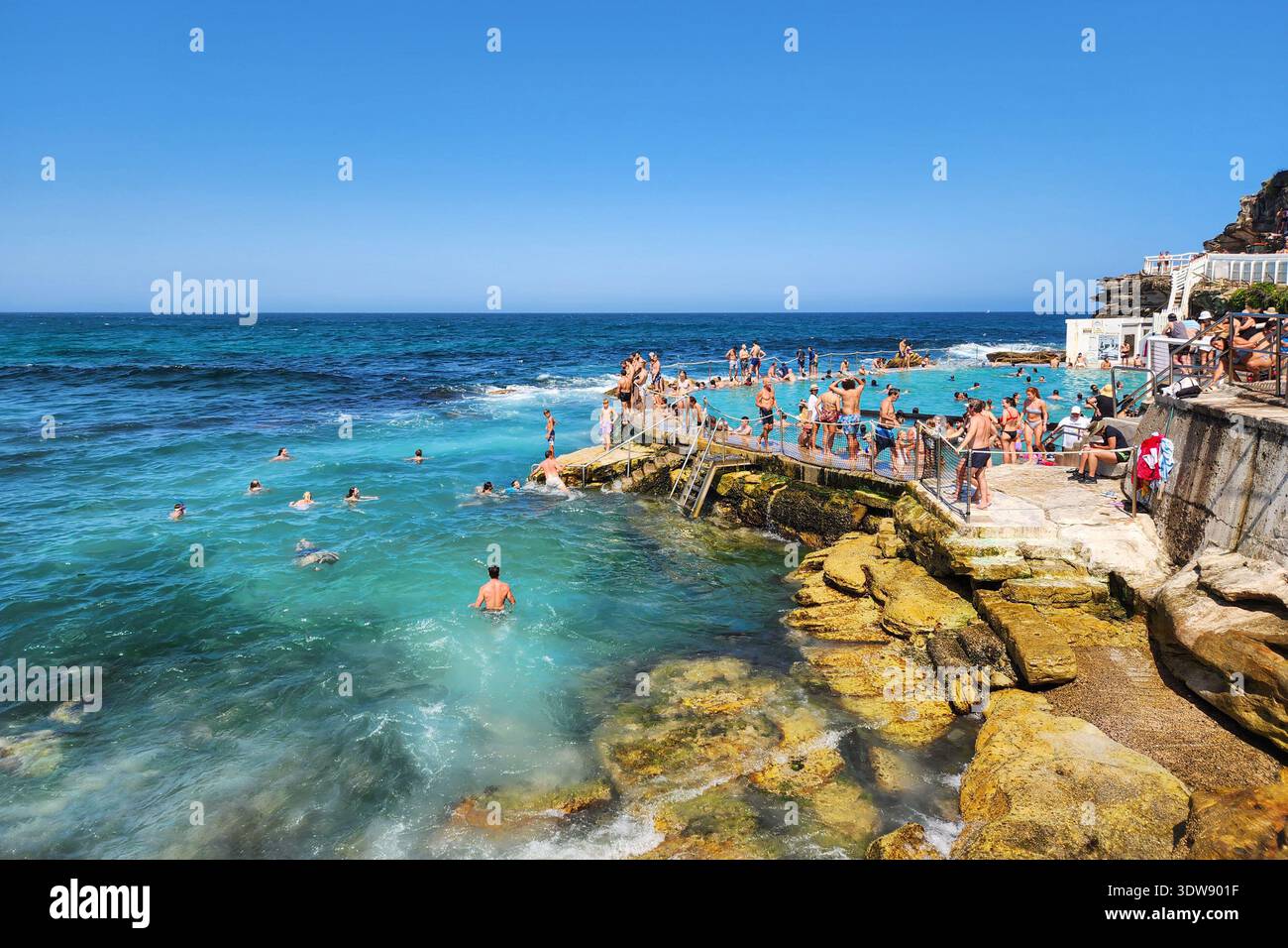 Bronte Pool Sign People enjoying the Bronte Baths rock pool at Bronte Beach in Sydney in ...