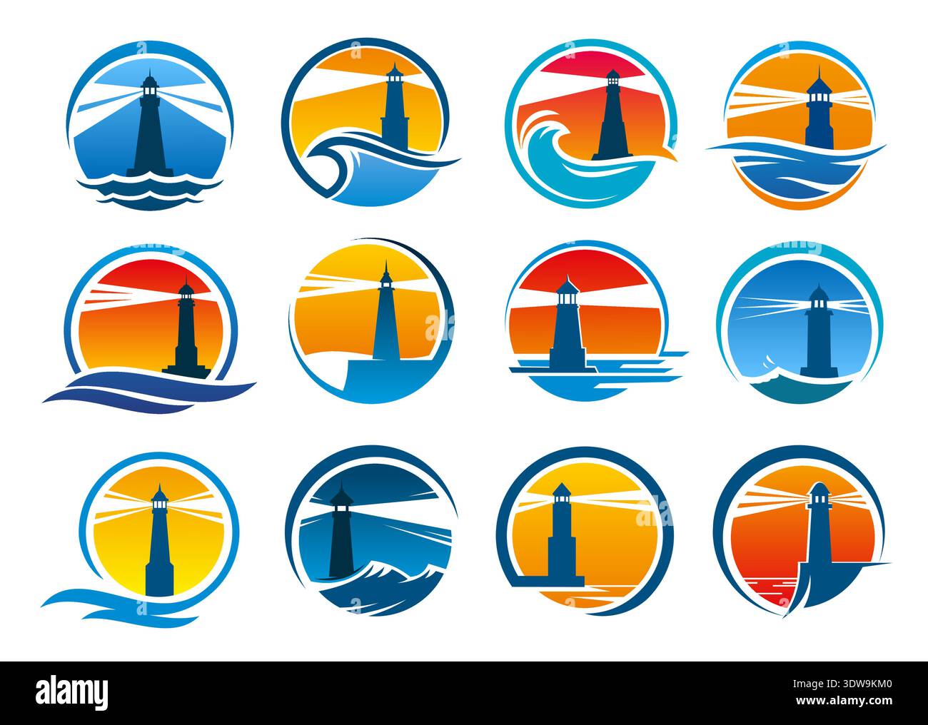 Lighthouse and bacon icons of vector light house towers, sea beach and ...