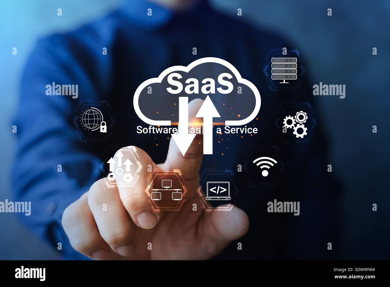Businessman touching SaaS cloud interface with upload and download arrows. Concept of cloud computing, data synchronization, secure hosting, scalable Stock Photo