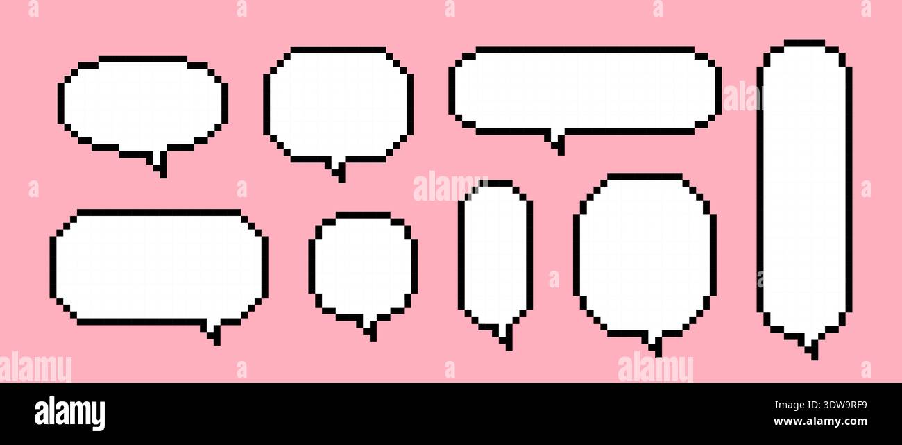 Empty pixel text boxes. Eight pixelated chat frame collection. Retro 8 bit border shape pack for speach box bubble, message cloud, communication dialog, talk balloon. Vector illustration bundle Stock Vector