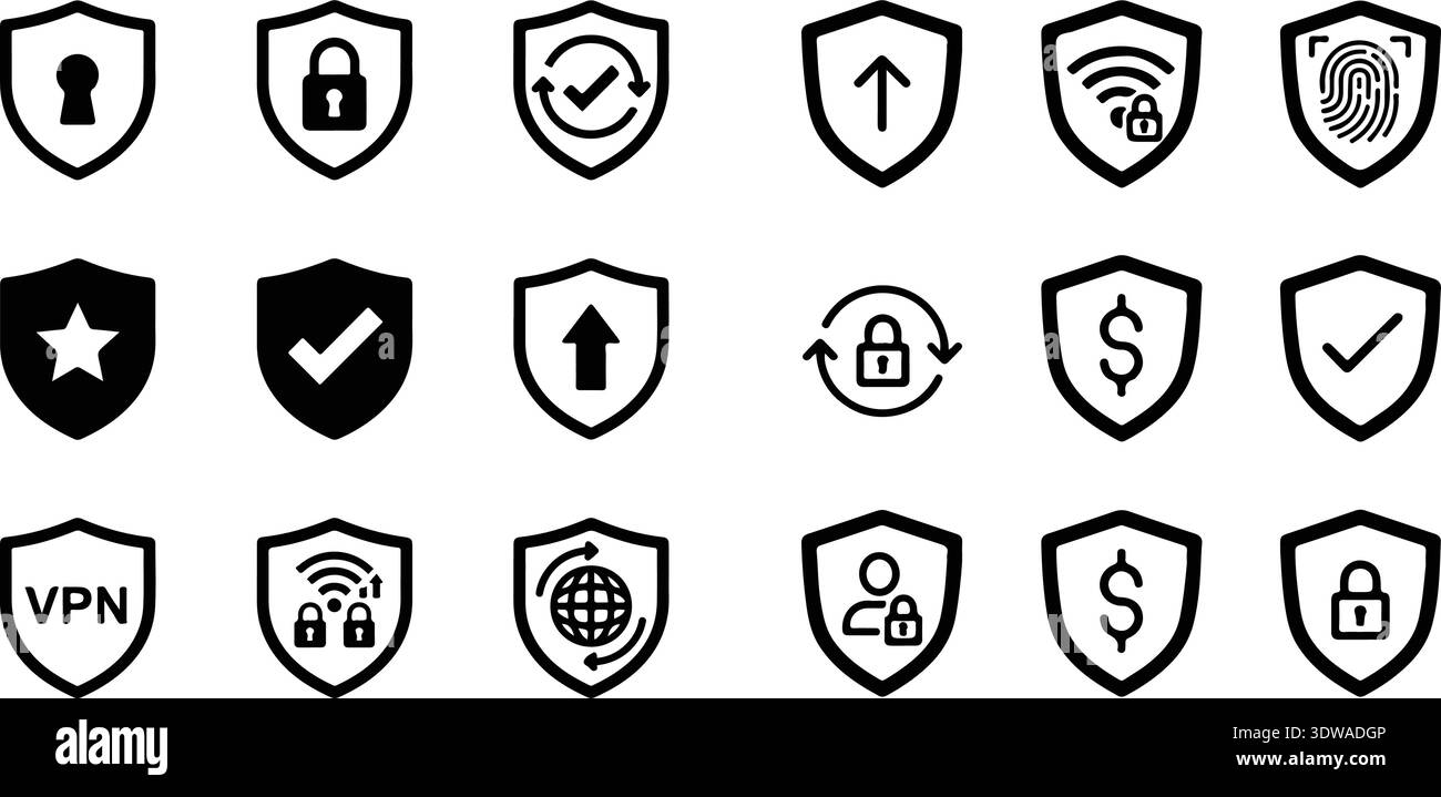 Set of security shield icons, security shields logotypes with check ...