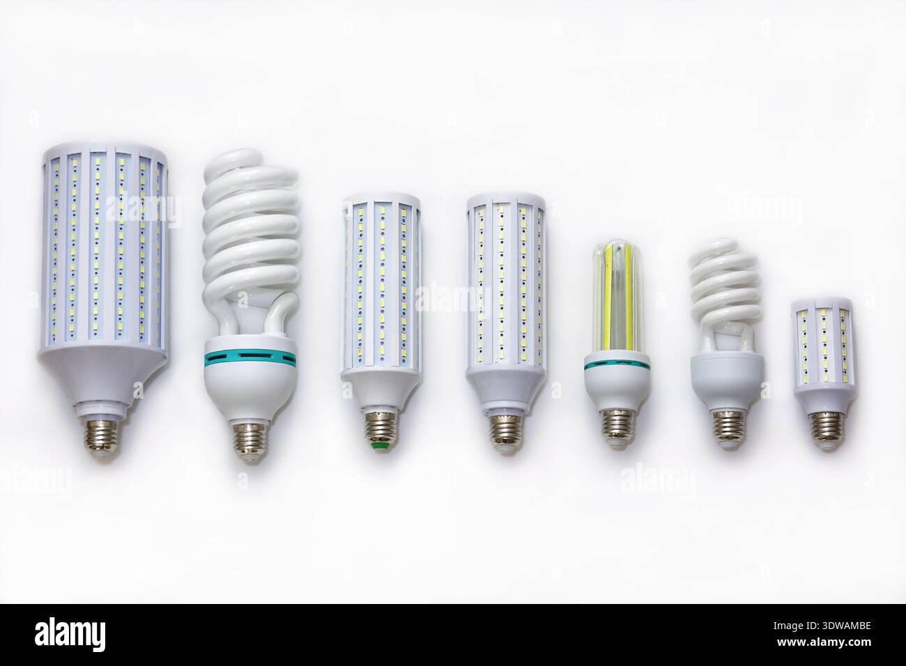 Led Compact Bulb Row of various LED corn lights and compact fluorescent spiral bulbs on ...