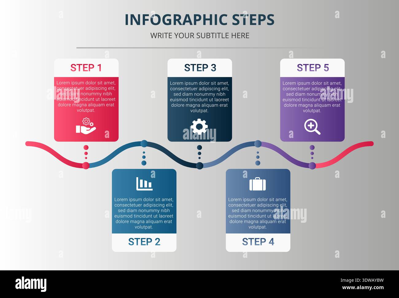 Gradient infographic steps with five options, can be used for business designs, presentation designs or any suitable designs. Stock Vector
