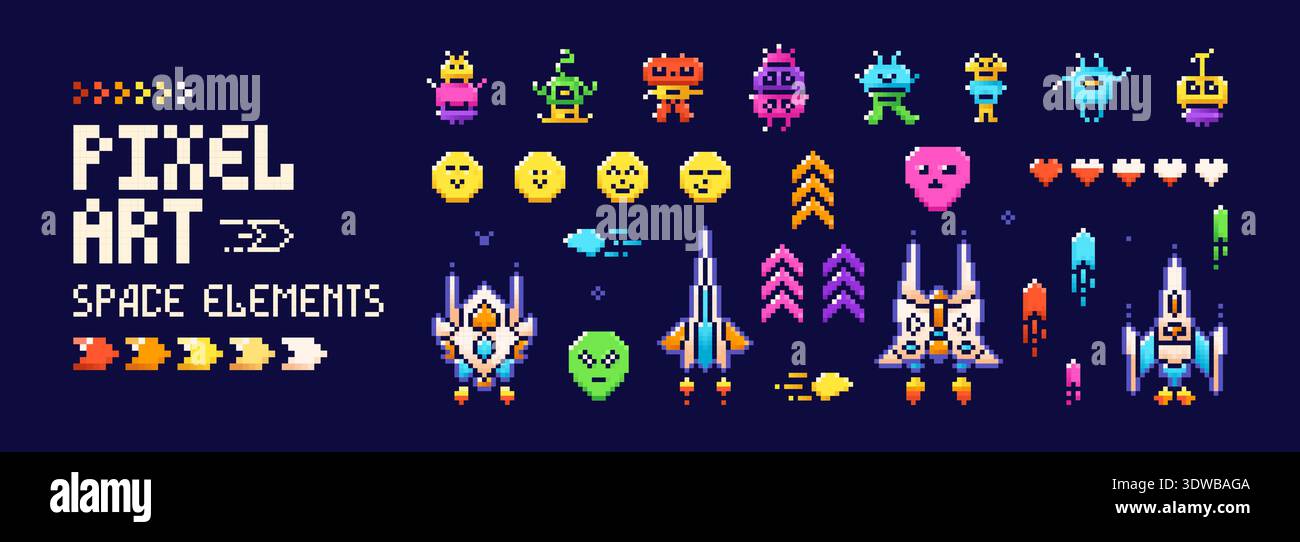 Pixel art color characters. 8-bit game images of monsters. A set with ...