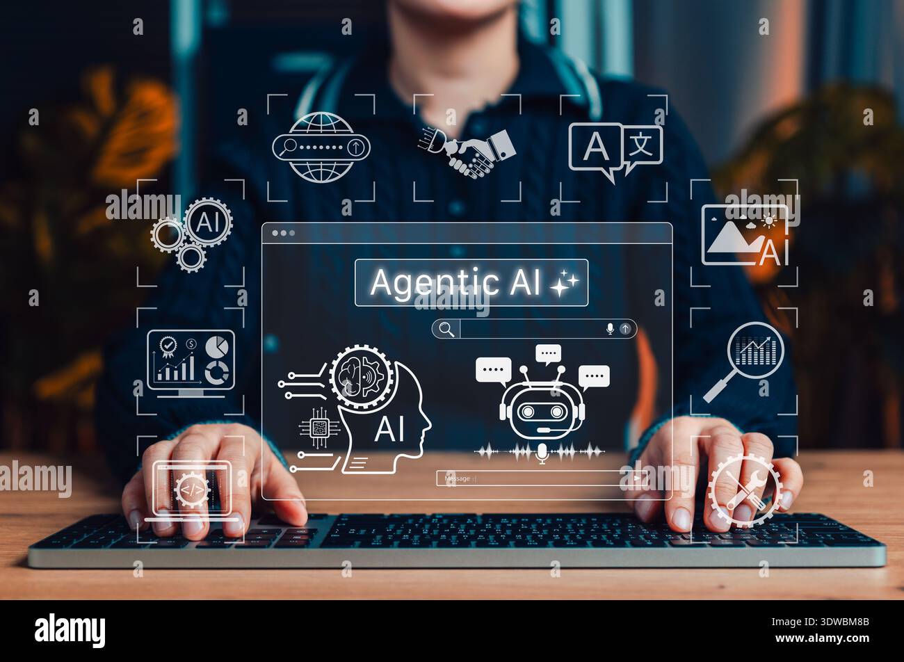 Agentic AI technology concept. Woman using laptop with artificial intelligence interface, machine learning, automation tools, data analysis and smart Stock Photo