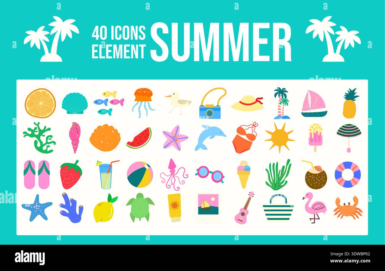 Summer icon collection featuring beach and tropical elements. Vector illustration Stock Vector
