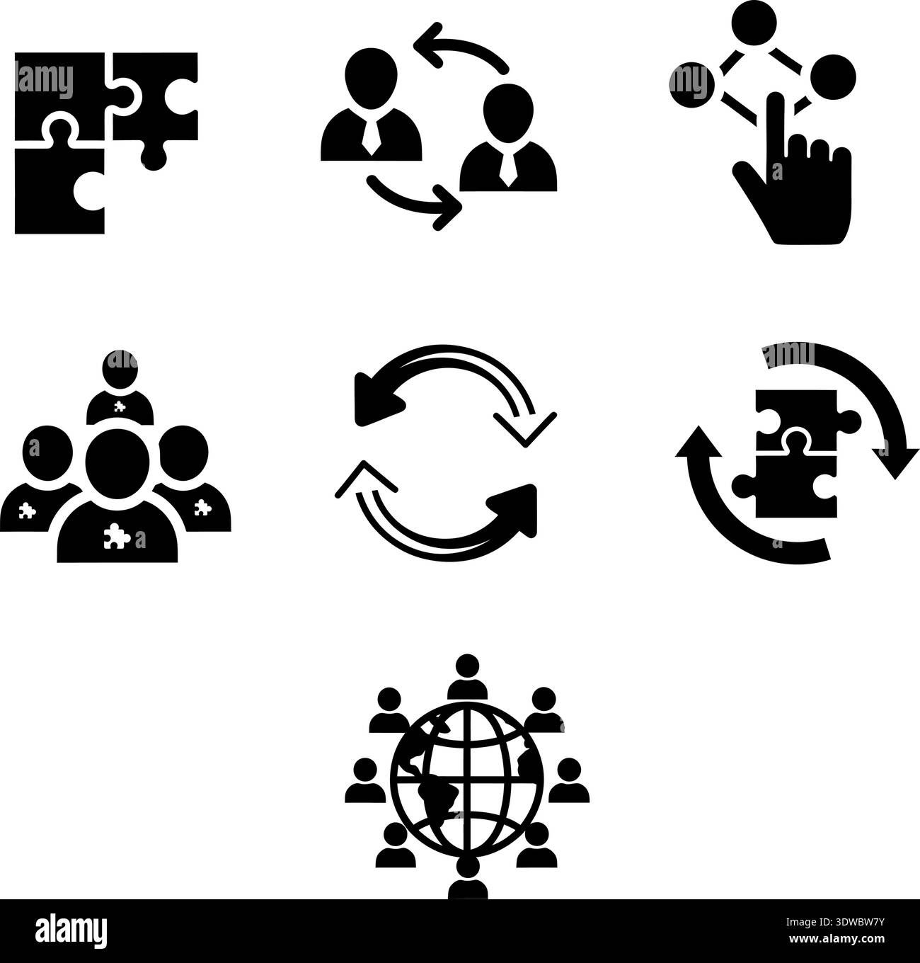 Minimalist black and white vector icons illustrating teamwork ...