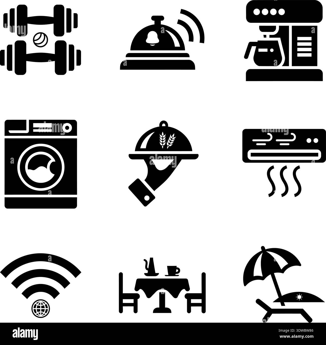 Minimalist black and white vector icons depicting essential home and ...