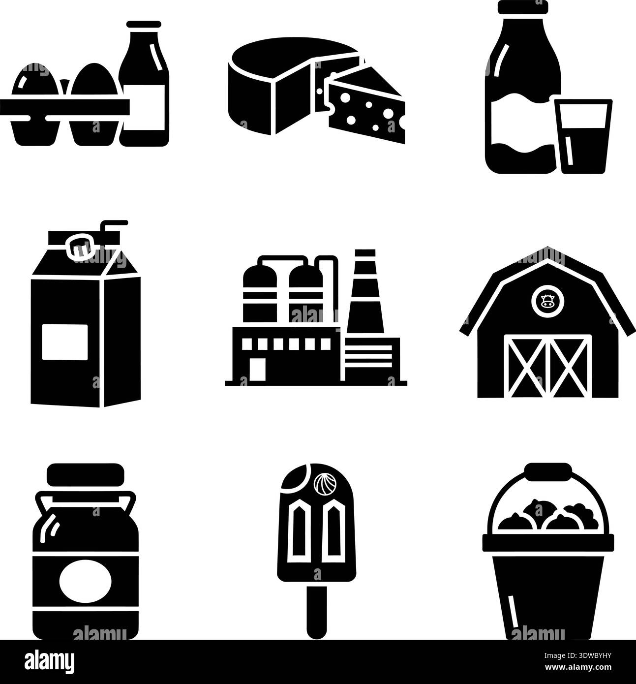 Minimalist black and white vector icons depicting dairy farm products ...