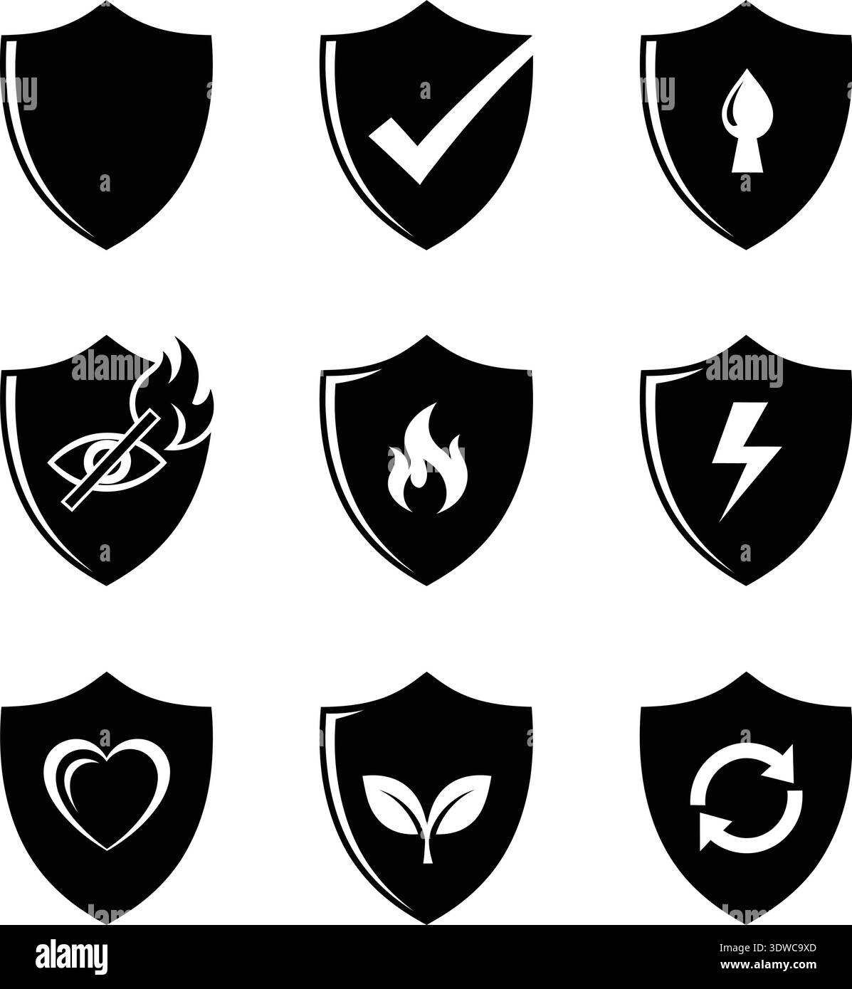 Clean and modern collection of black shield icons featuring security ...