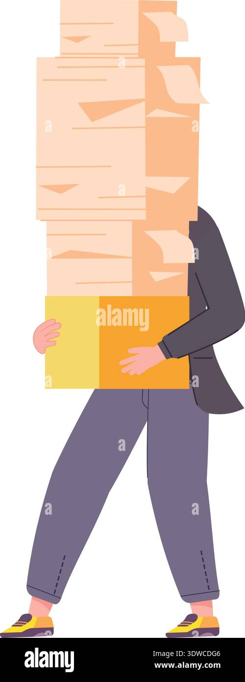Office document workload. Corporate paperwork pile in worker hands isolated on white background Stock Vector