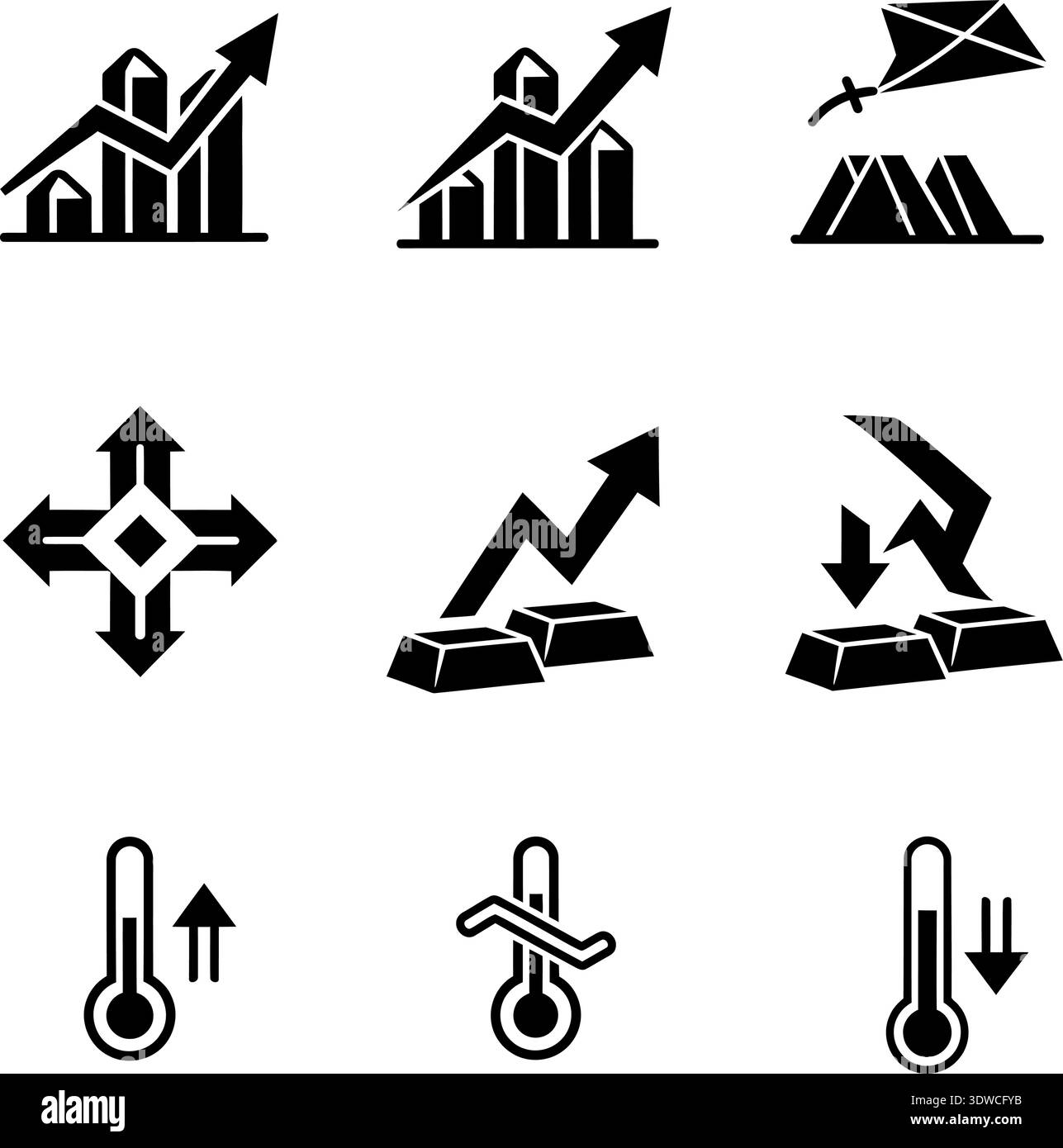 Clean and modern black and white vector icons depicting growth, success ...