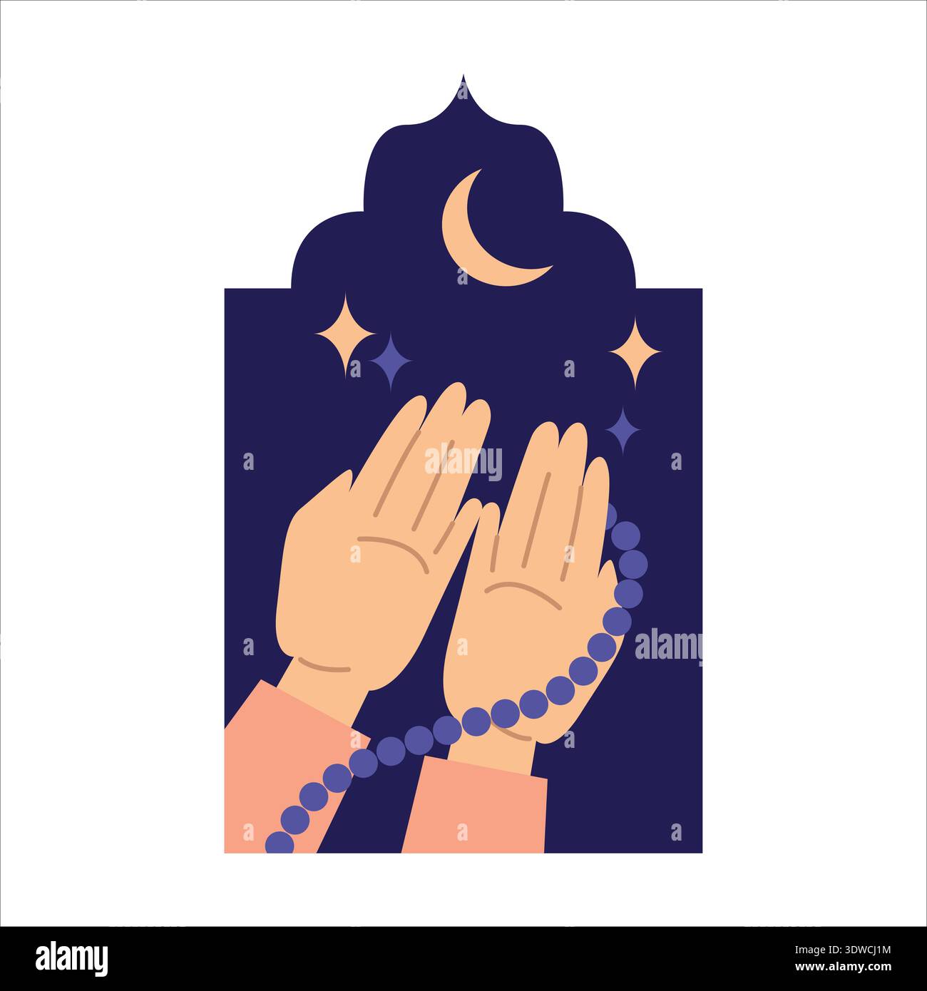Praying hands with tasbih beads flat color illustration vector Stock Vector