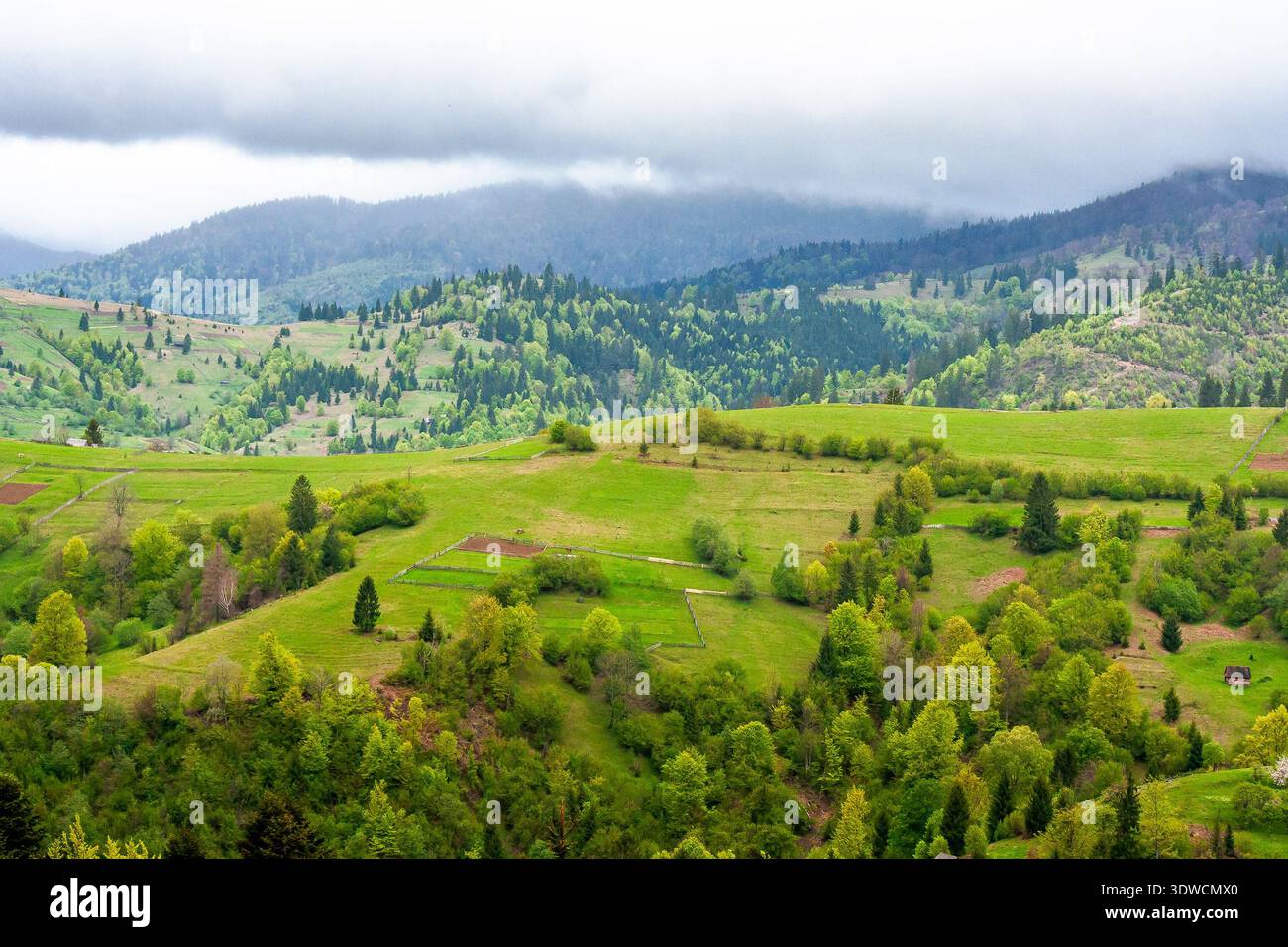 rural mountain landscape during spring. eastern european countryside scenery on a cold cloudy weather. overcast sky above rolling hills of wonderful t Stock Photo