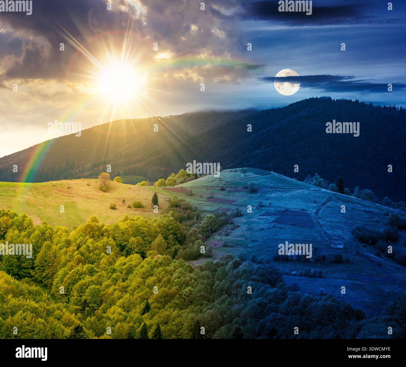 rural mountain landscape during spring. day and night time change concept. wonderful countryside scenery on a cold weather with sun and moon at twilig Stock Photo