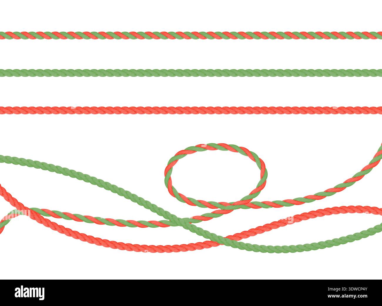 Ropes. Set of red and green 3D twisted threads. Realistic vector ...