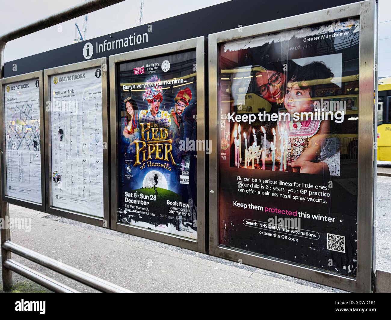 Manchester, UK - January 29, 2026: A row of information panels in a ...