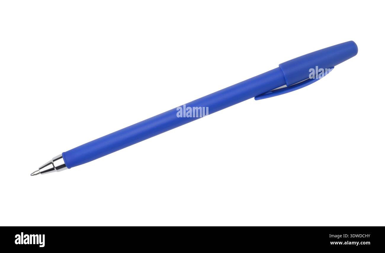 New plastic blue ballpoint pen isolated on white. Stock Photo
