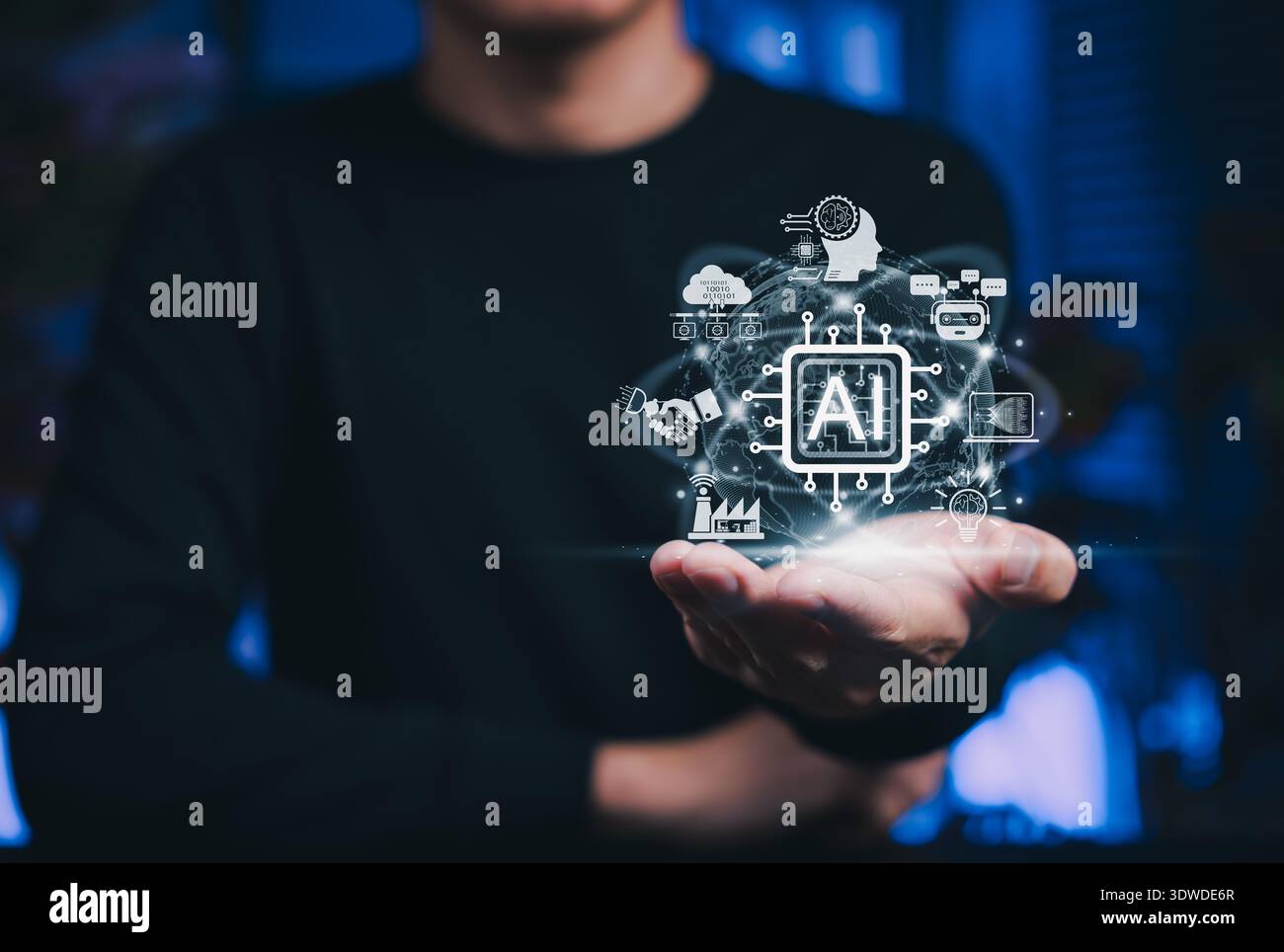 Artificial intelligence innovation concept. Man holding glowing AI microchip interface with digital icons, showcasing machine learning, automation, Stock Photo
