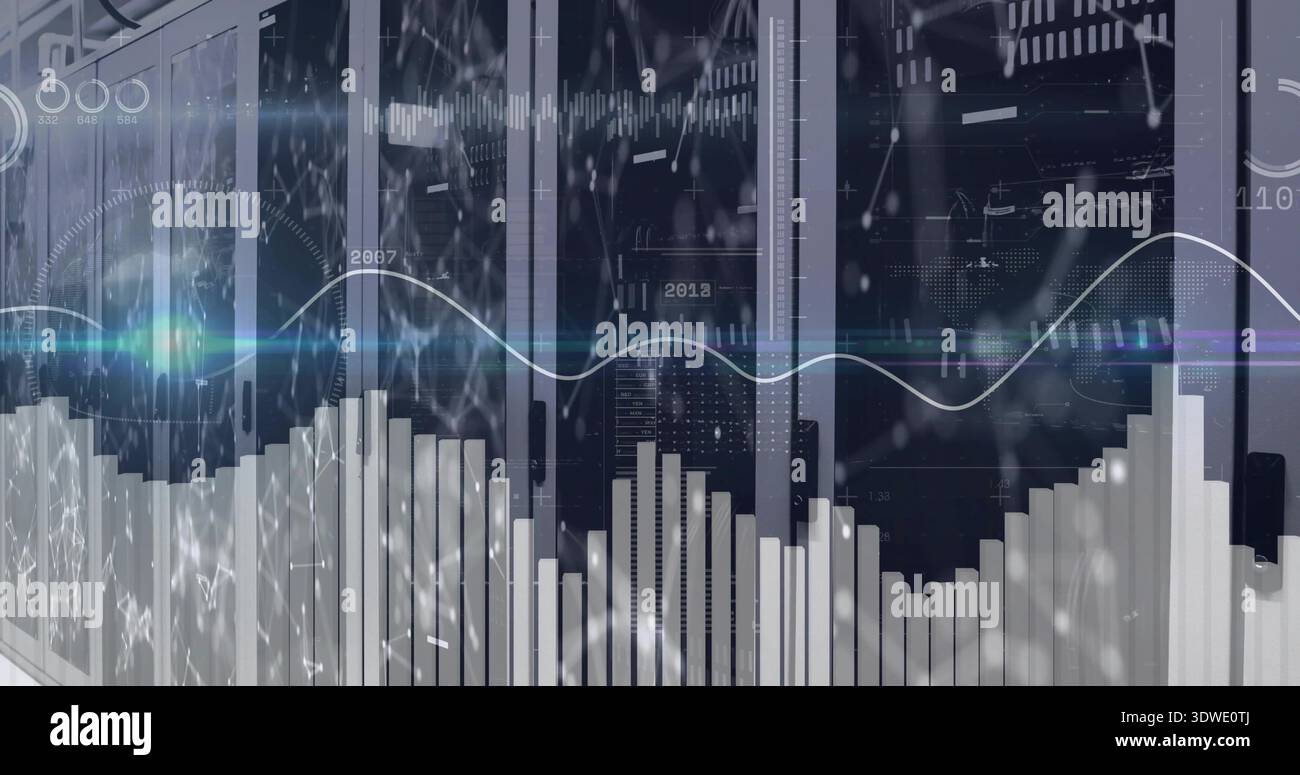 Displaying overlaid data visualization in data center, with server racks, glass doors, LEDs, HUD Stock Photo