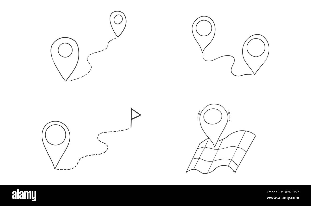 Doodle Location map distance measuring and pin set. Pin line hand drawn ...