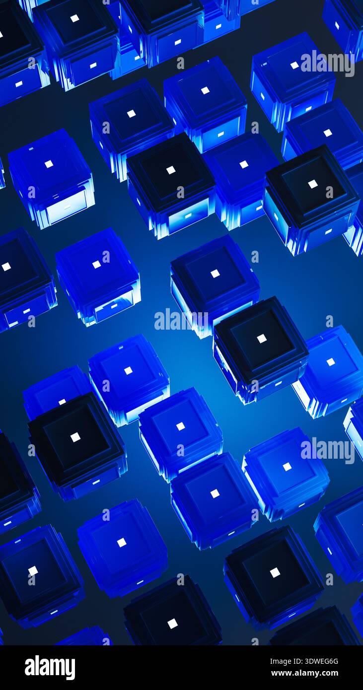 This design features a blue abstract background filled with geometric cube shapes. The visual conveys a sense of technology and data. Stock Photo