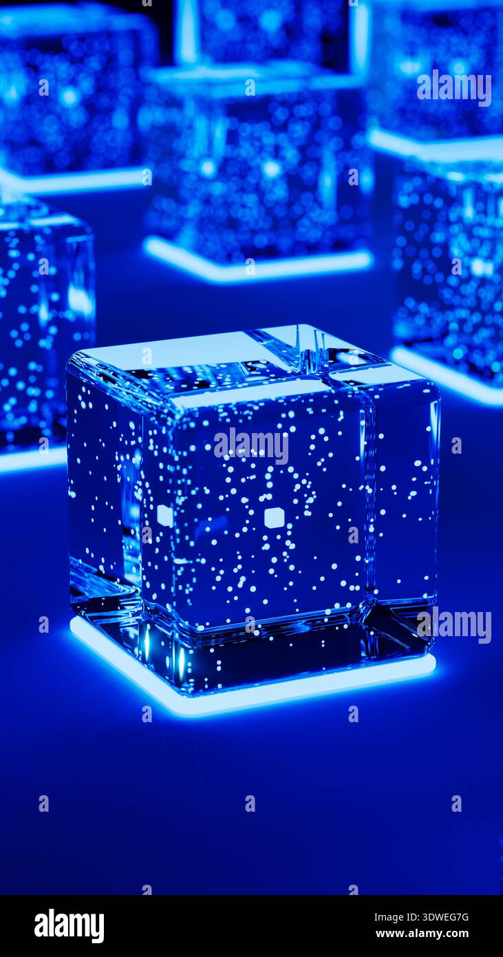 Modern cubes glow with blue light, creating an advanced technology backdrop filled with data in a digital environment. Stock Photo