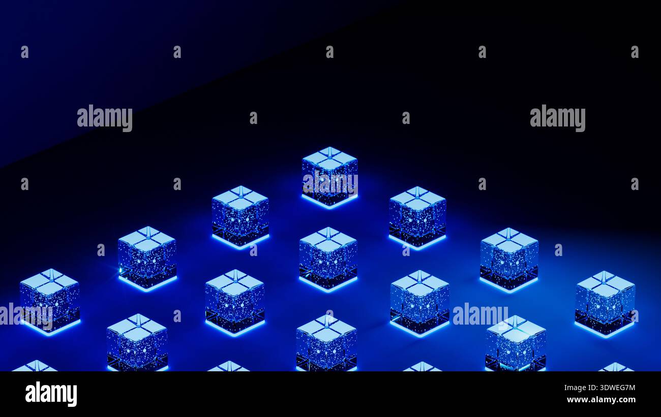 Modern cubes glow with blue light, creating an advanced technology backdrop filled with data in a digital environment. Stock Photo