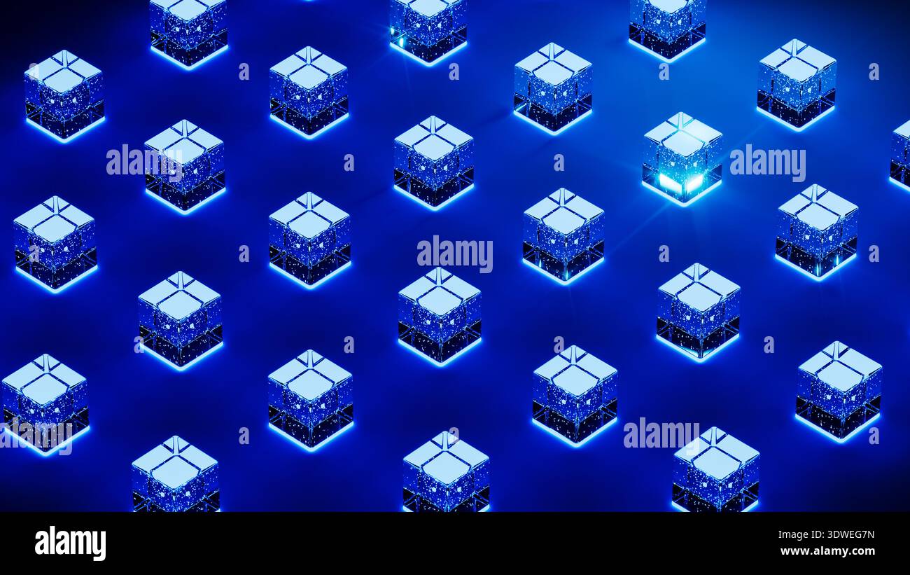 Modern cubes glow with blue light, creating an advanced technology backdrop filled with data in a digital environment. Stock Photo