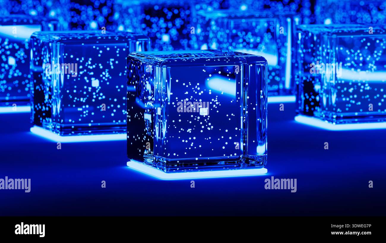 Modern cubes glow with blue light, creating an advanced technology backdrop filled with data in a digital environment. Stock Photo