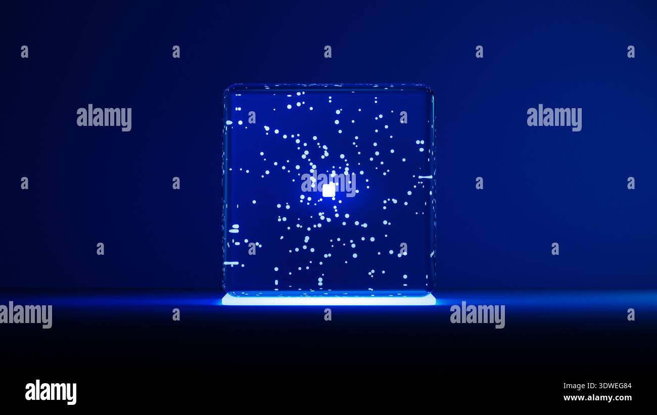 Modern cubes glow with blue light, creating an advanced technology backdrop filled with data in a digital environment. Stock Photo