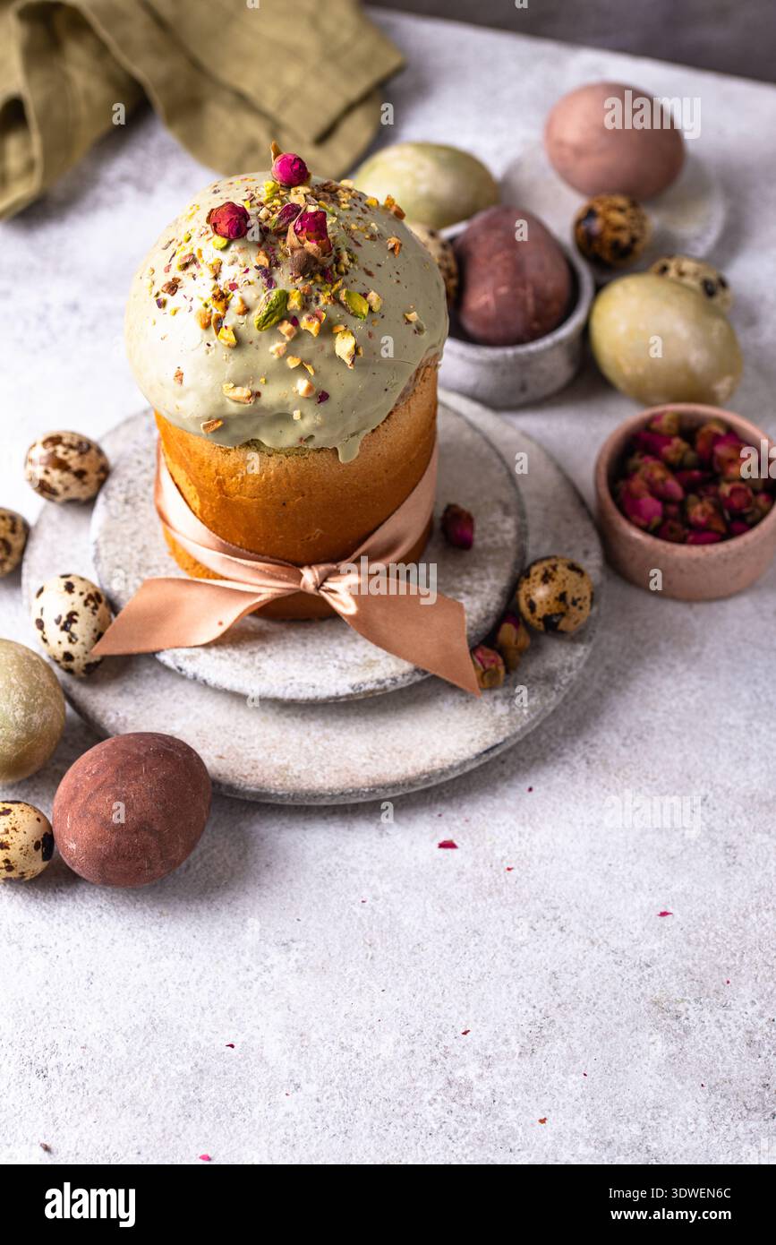 Traditional Easter cake kulich with pistachio Stock Photo