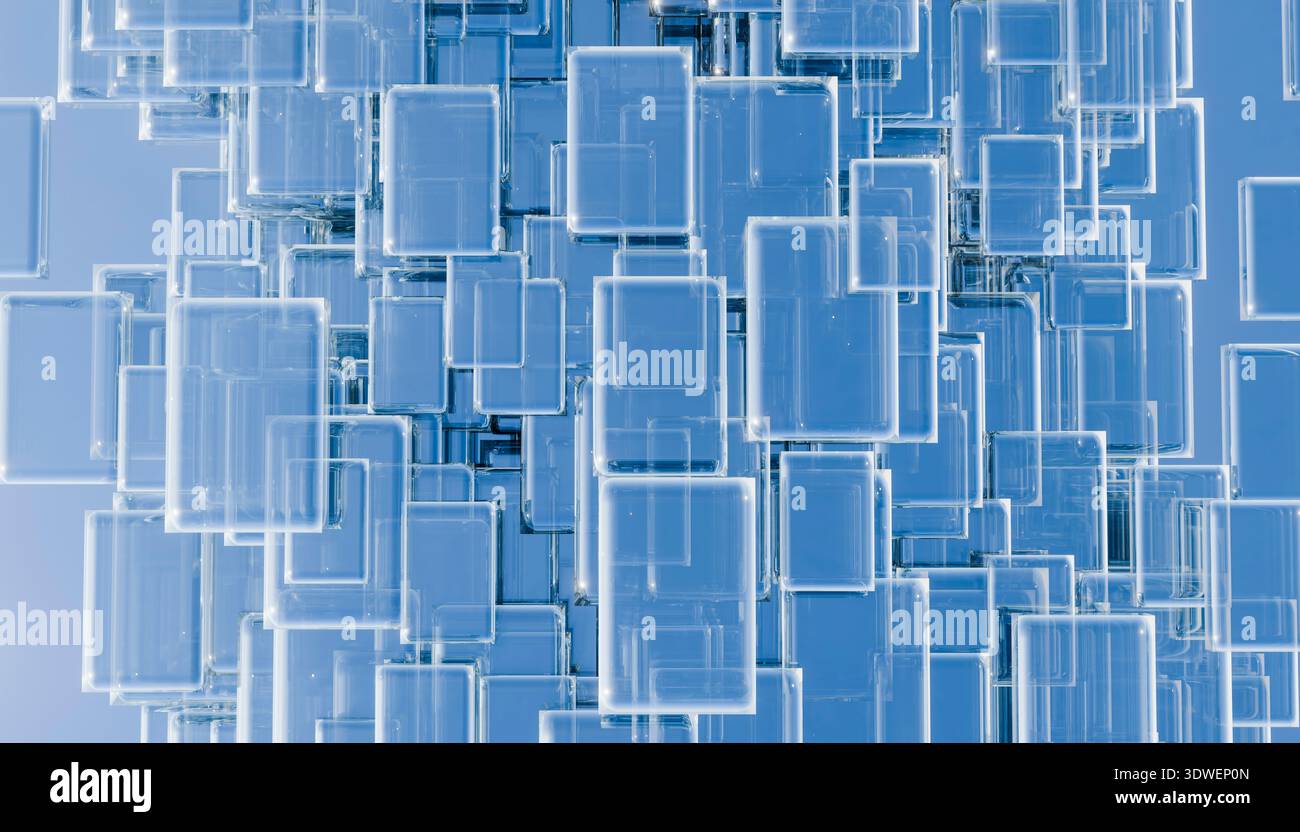 A visually captivating art piece showcasing interconnected translucent rectangles in various sizes, creating a seamless and intricate pattern on a blu Stock Photo