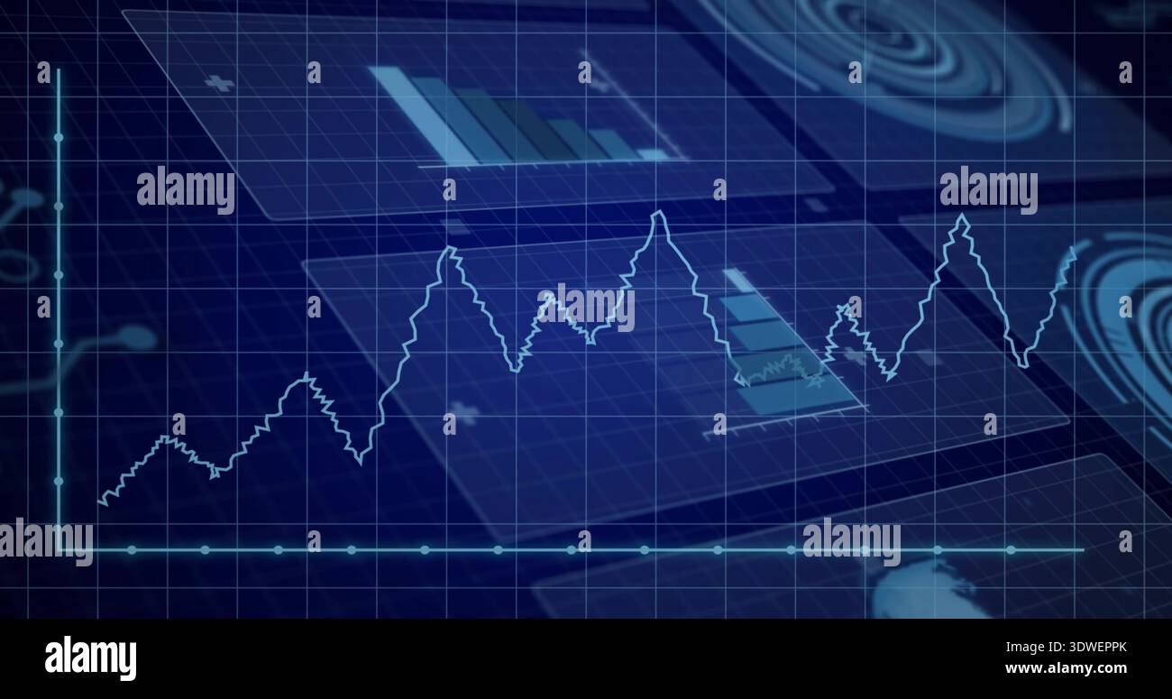 Displaying jagged teal line chart plotting on grid at analytics UI, showing axes and node markers Stock Photo