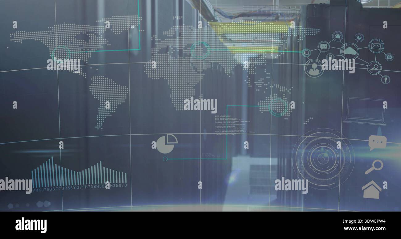 Projecting digital overlay over datacenter aisle, displaying map, charts, server racks, LEDs Stock Photo